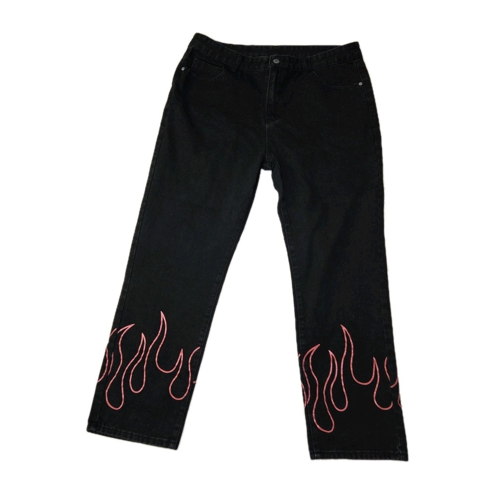 Shein Black Flame Print Straight Leg Jeans Women's XXL Y2K Grunge Punk Goth